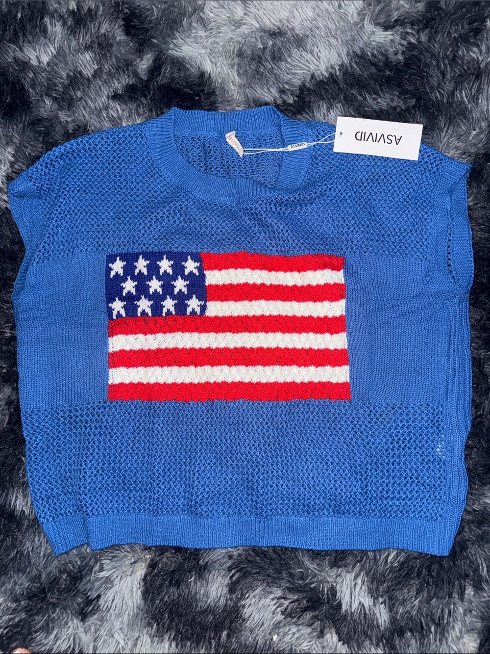 ASVIVID Blue Knit Sleeveless Top with Flag Motif